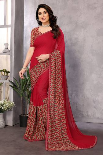red floral georgette saree with lace border & blouse piece