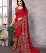 red floral georgette saree with lace border & blouse piece