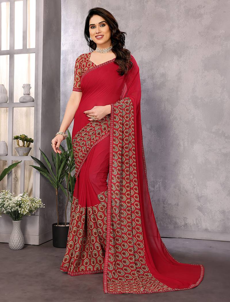 red floral georgette saree with lace border & blouse piece