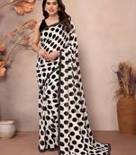 white polka dot georgette saree with lace border & blouse piece