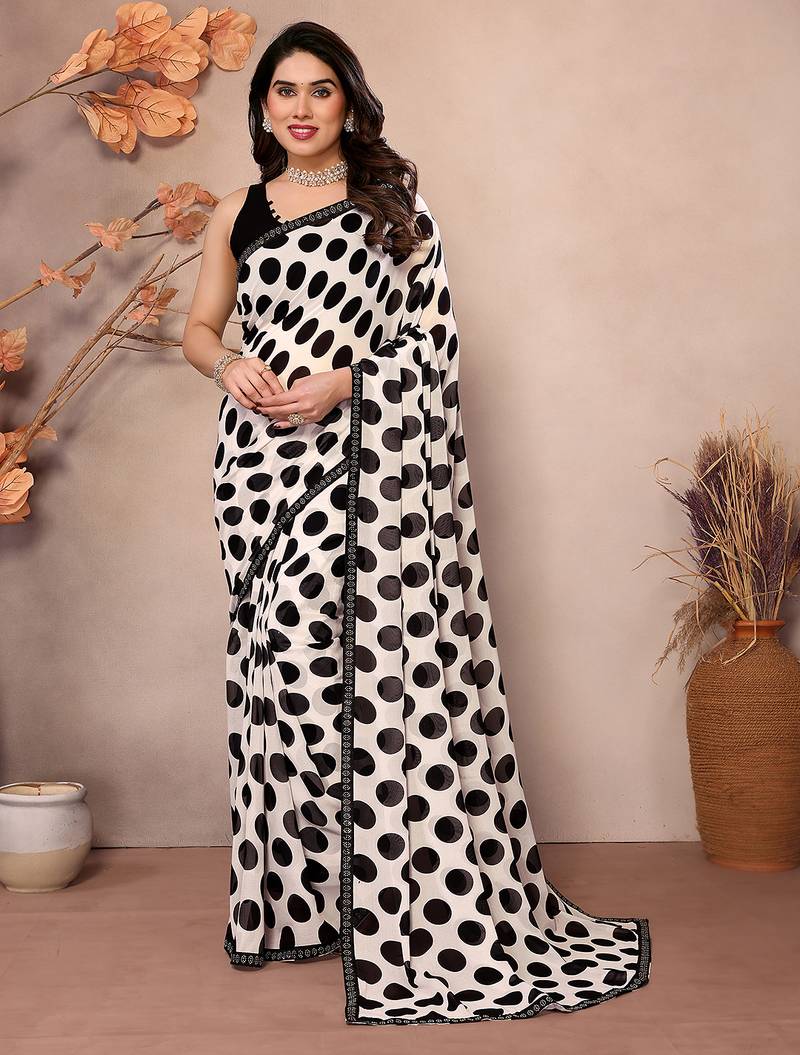 white polka dot georgette saree with lace border & blouse piece
