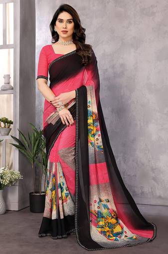 pink geometric print georgette saree with lace border & blouse piece