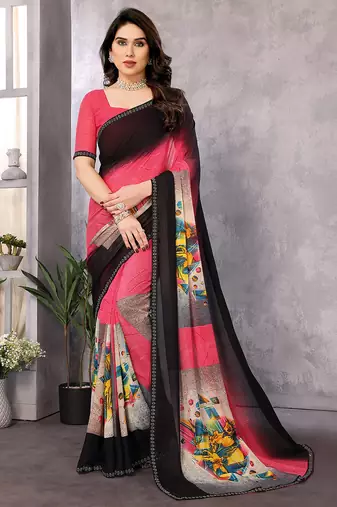 pink geometric print georgette saree with lace border & blouse piece