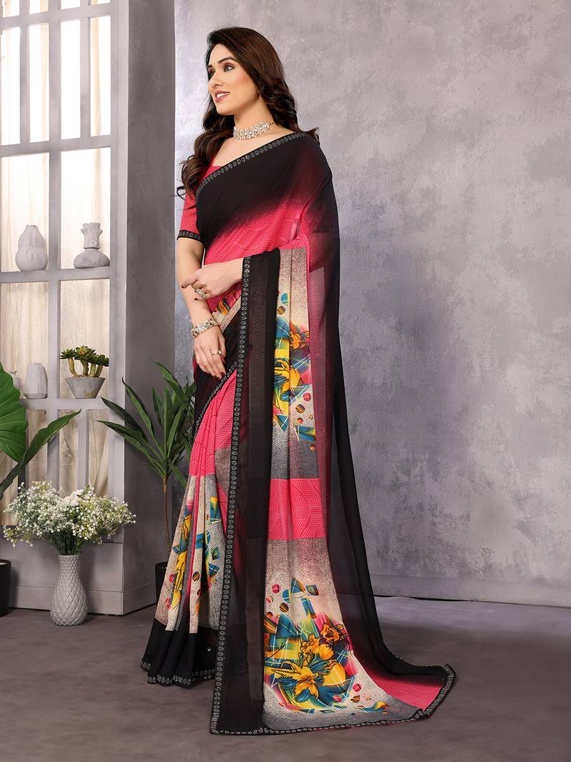 pink geometric print georgette saree with lace border & blouse piece