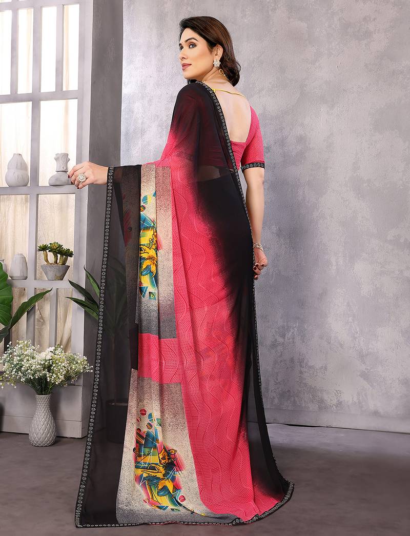 pink geometric print georgette saree with lace border & blouse piece