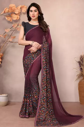 Wine floral georgette saree with lace border & blouse piece