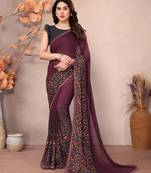 Wine floral georgette saree with lace border & blouse piece