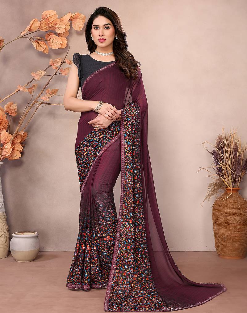 Wine floral georgette saree with lace border & blouse piece