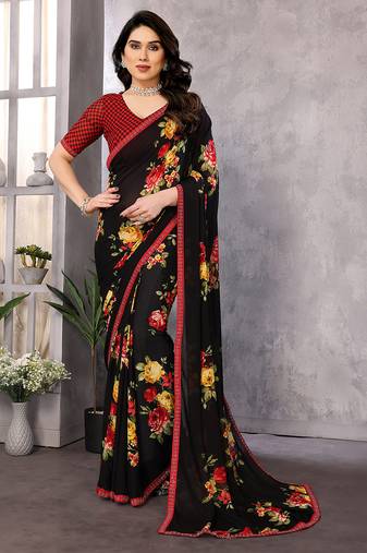 black printed georgette saree with lace border & blouse piece
