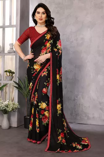 black printed georgette saree with lace border & blouse piece