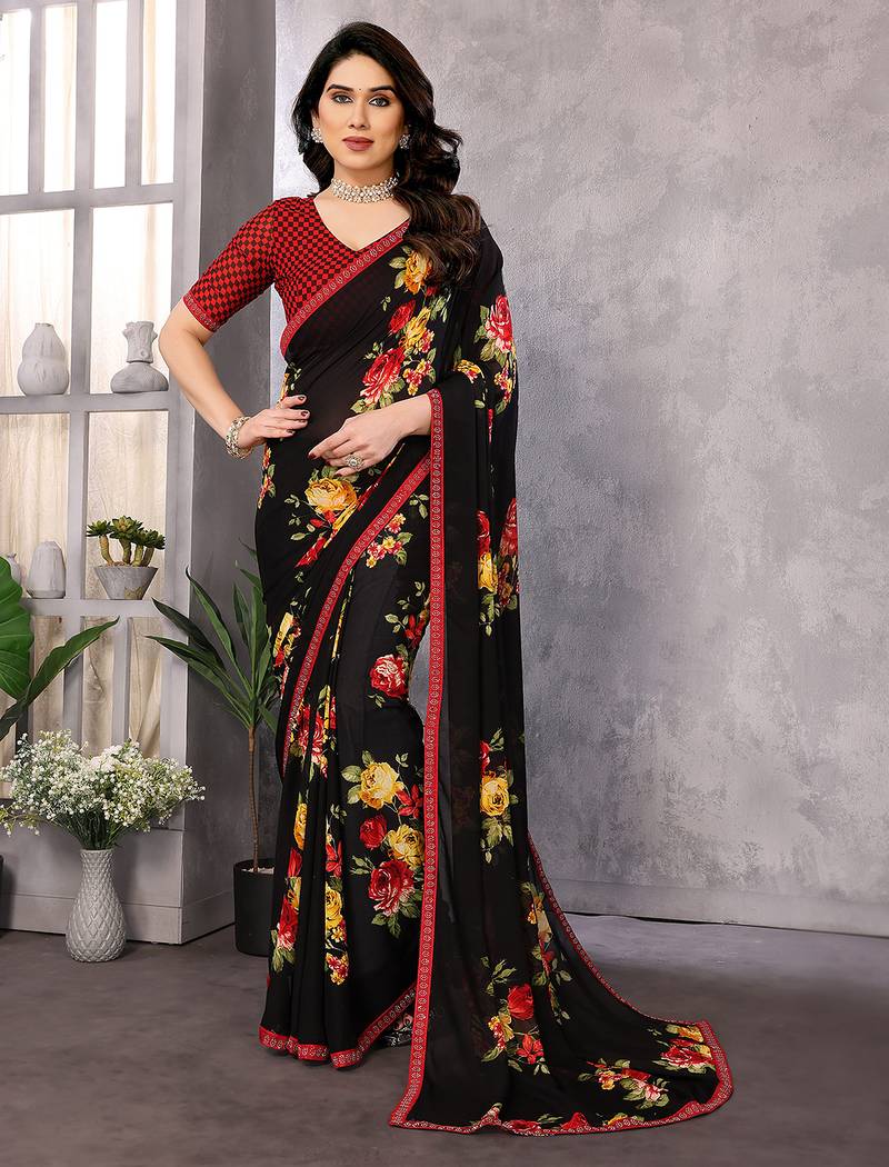 black printed georgette saree with lace border & blouse piece