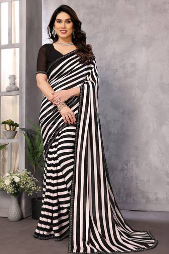 black striped georgette saree with lace border & blouse piece