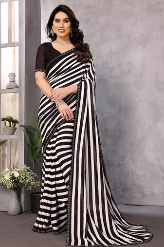 black striped georgette saree with lace border & blouse piece
