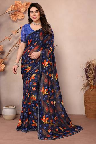   multicolor floral georgette saree with lace border & blouse piece