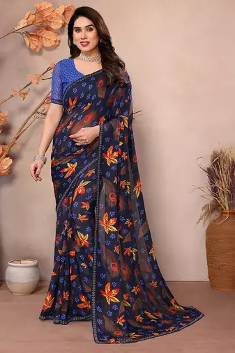   multicolor floral georgette saree with lace border & blouse piece