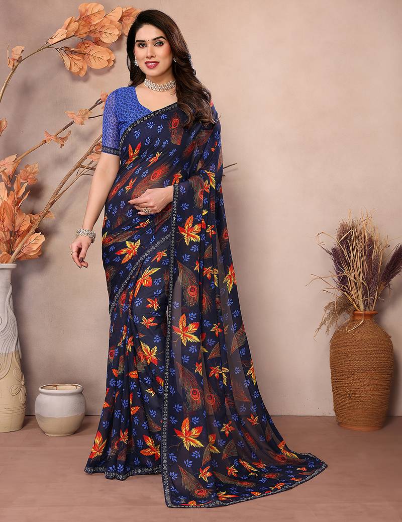  multicolor floral georgette saree with lace border & blouse piece