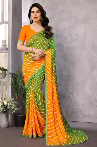 green striped georgette saree with lace border & blouse piece