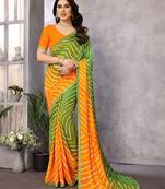 green striped georgette saree with lace border & blouse piece