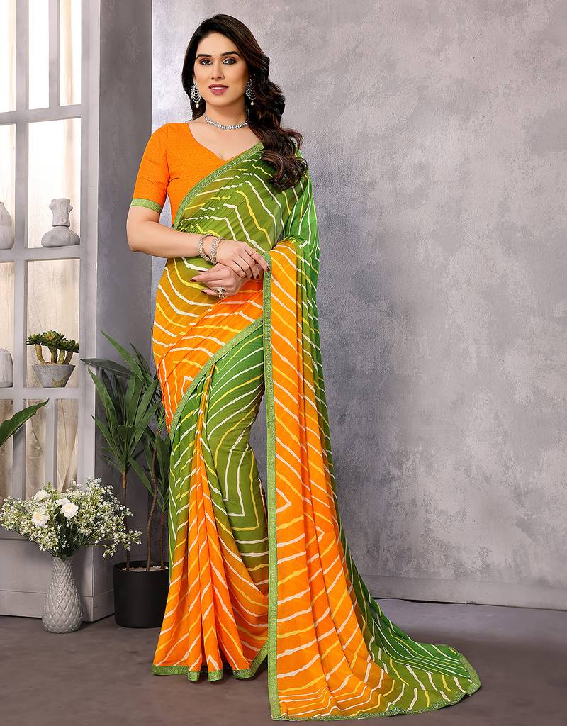 green striped georgette saree with lace border & blouse piece