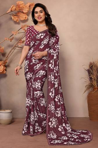 brown floral georgette saree with lace border & blouse piece