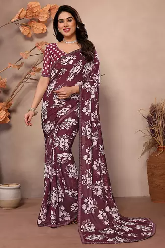 brown floral georgette saree with lace border & blouse piece