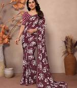 brown floral georgette saree with lace border & blouse piece
