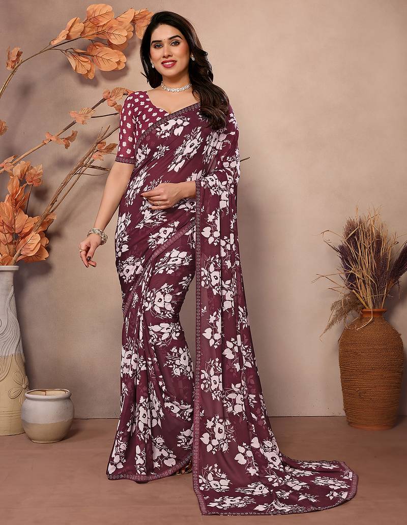 brown floral georgette saree with lace border & blouse piece