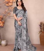 grey floral georgette saree with lace border & blouse piece
