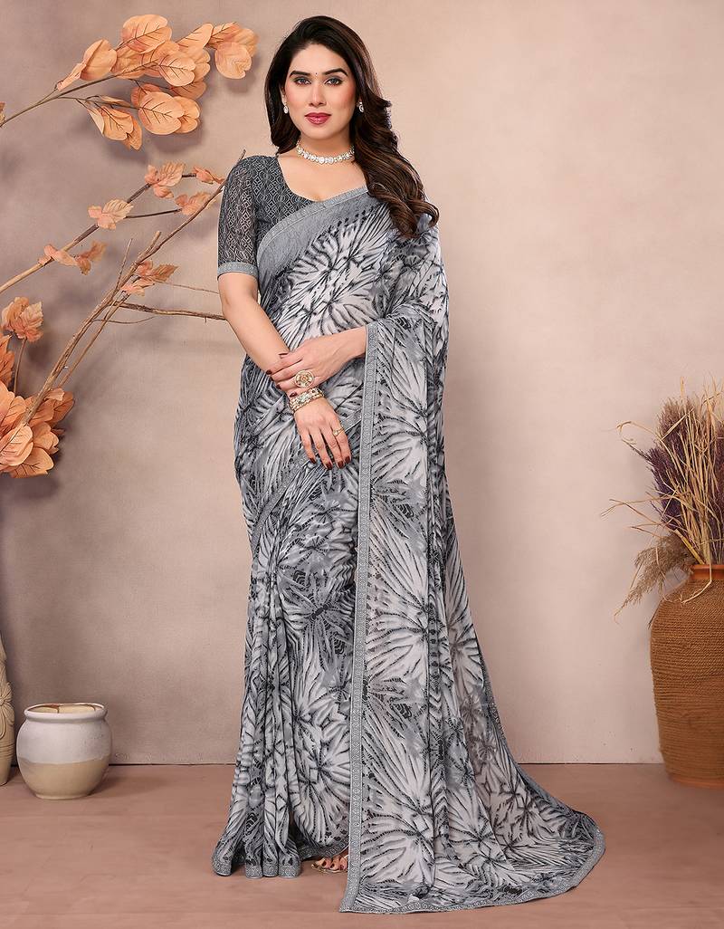 grey floral georgette saree with lace border & blouse piece