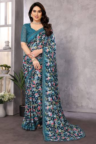 blue printed georgette saree with lace border & blouse piece
