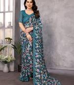 blue printed georgette saree with lace border & blouse piece