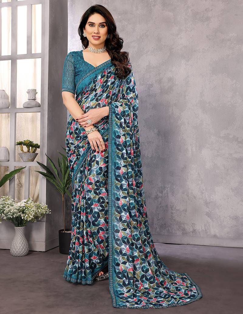 blue printed georgette saree with lace border & blouse piece