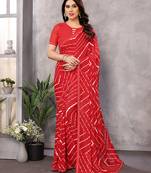 red striped georgette saree with lace border & blouse piece