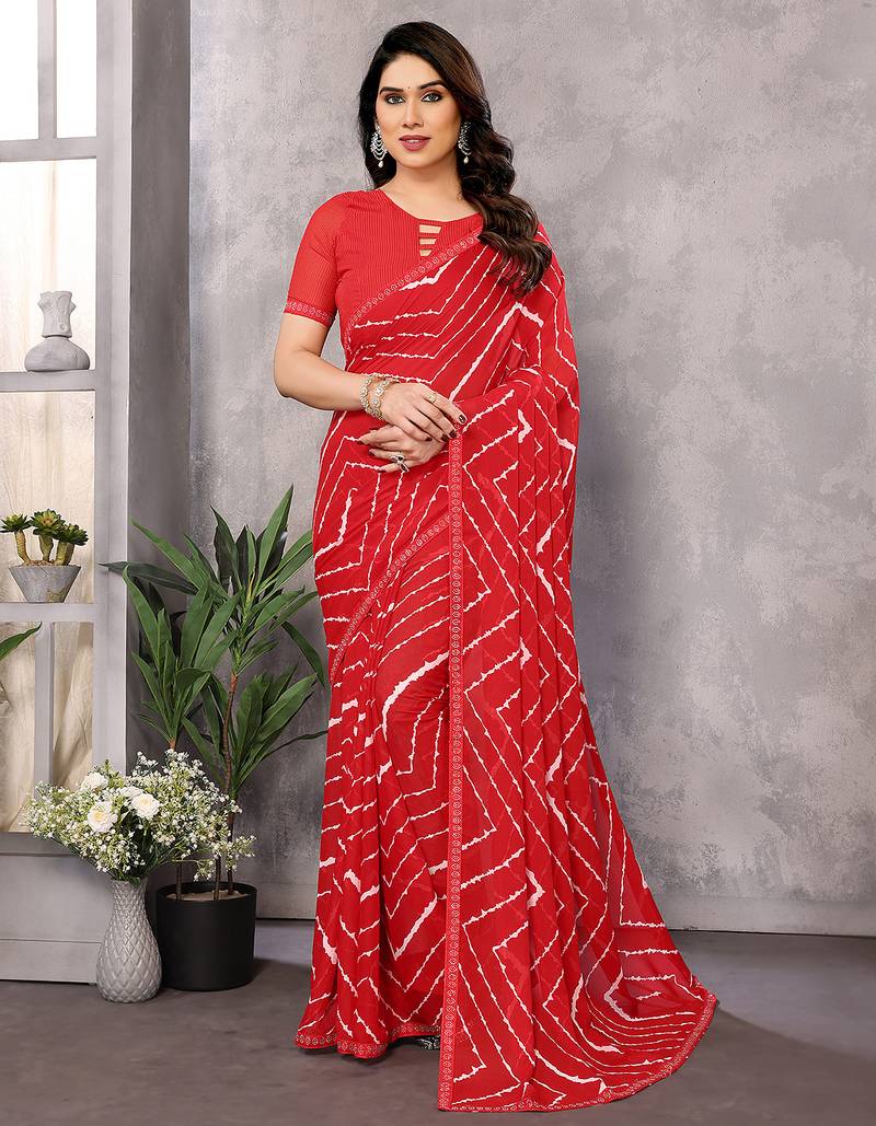 red striped georgette saree with lace border & blouse piece