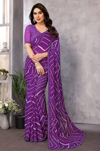   purple striped georgette saree with lace border & blouse piece
