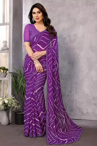   purple striped georgette saree with lace border & blouse piece
