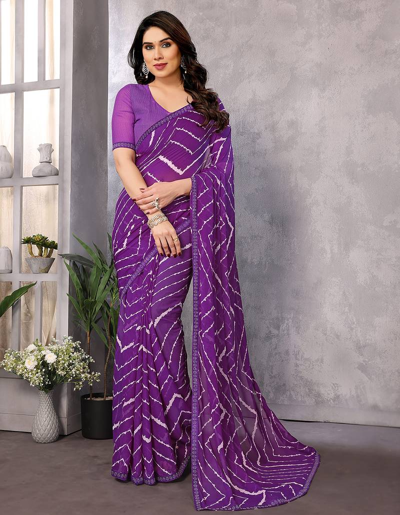  purple striped georgette saree with lace border & blouse piece
