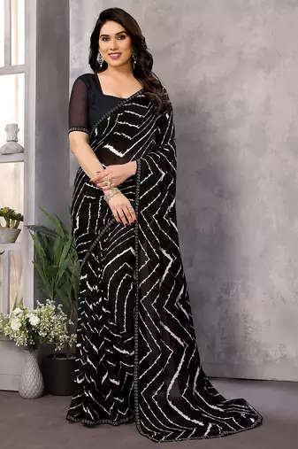 black striped georgette saree with lace border & blouse piece