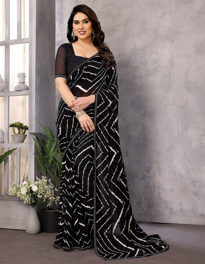 black striped georgette saree with lace border & blouse piece