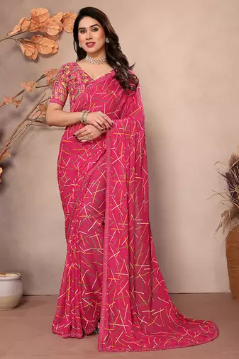 pink printed georgette saree with lace border & blouse piece