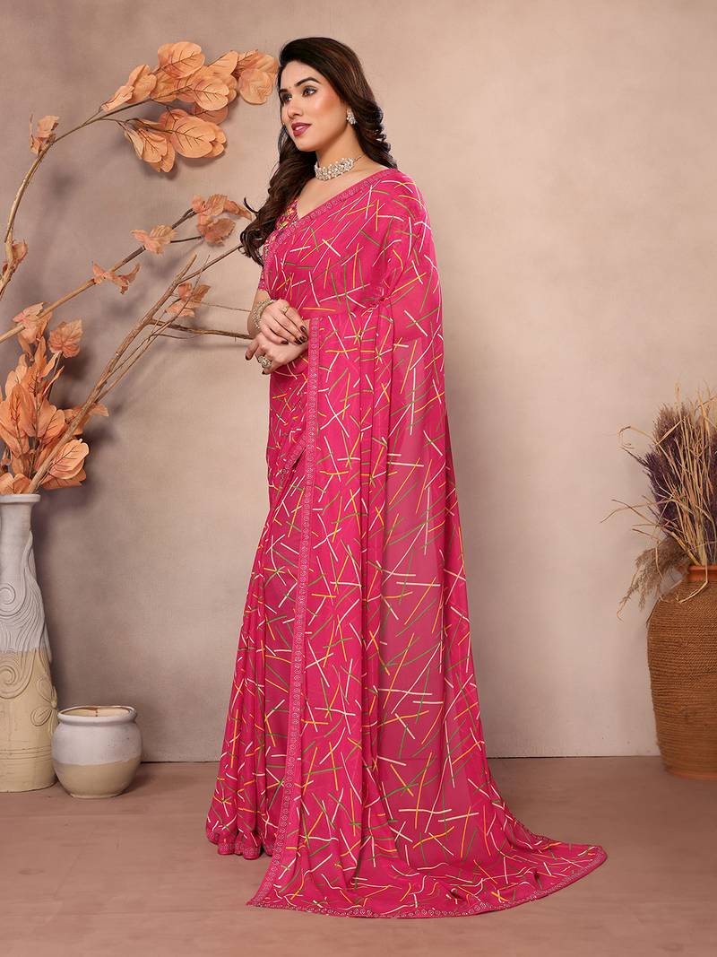 pink printed georgette saree with lace border & blouse piece