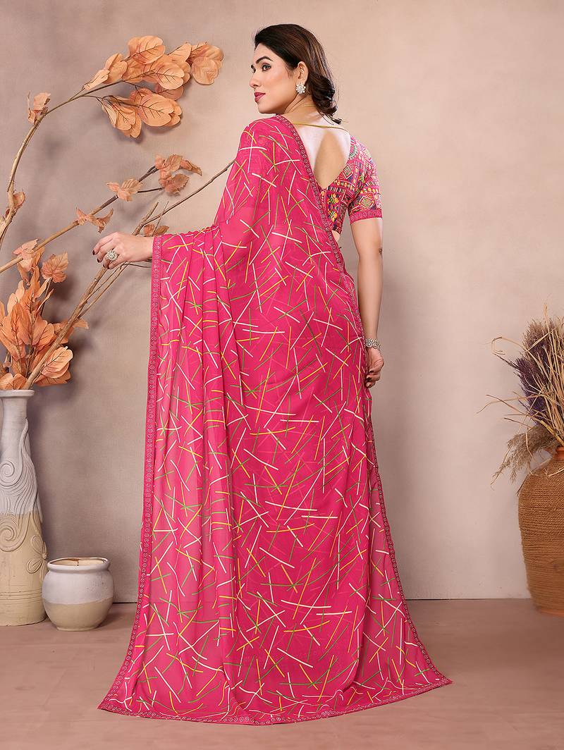 pink printed georgette saree with lace border & blouse piece