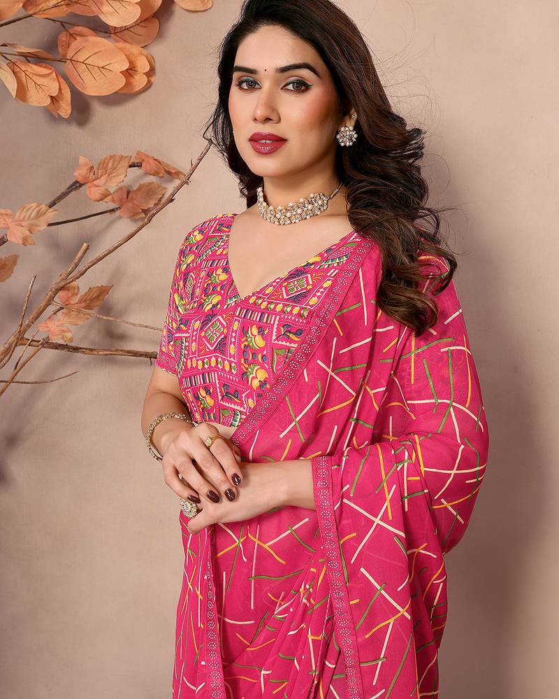 pink printed georgette saree with lace border & blouse piece