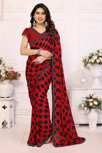 red polka dot georgette saree with lace border & blouse piece