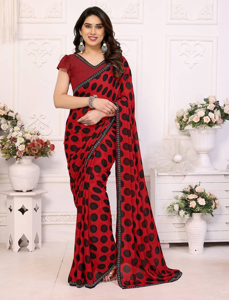 red polka dot georgette saree with lace border & blouse piece