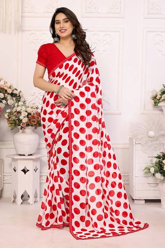 red polka dot georgette saree with lace border & blouse piece