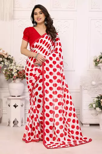 red polka dot georgette saree with lace border & blouse piece