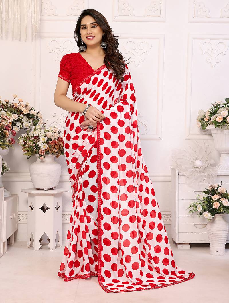 red polka dot georgette saree with lace border & blouse piece