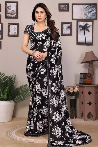 black floral georgette saree with lace border & blouse piece