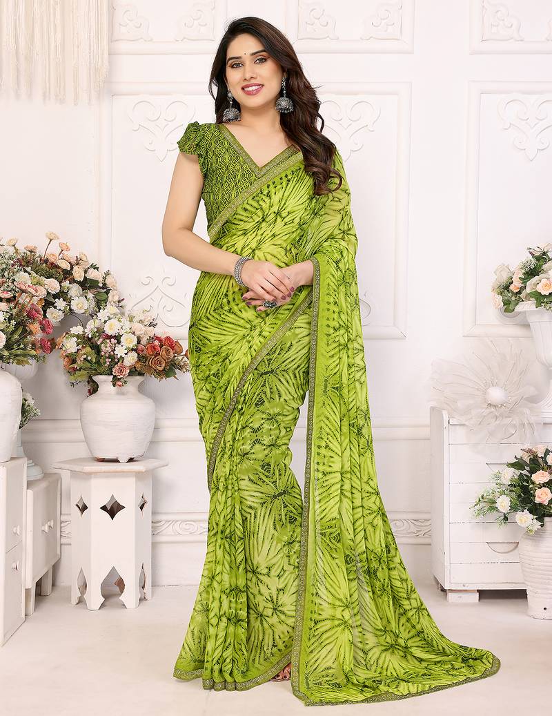 green floral georgette saree with lace border & blouse piece